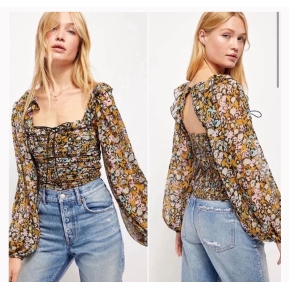 Free People Multicolor Floral Mable Ruched Smocked Blouse Boho Ballon Sleeves XS